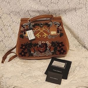 Dolce and Gabbana satchel in dk caramel color leather and fabric